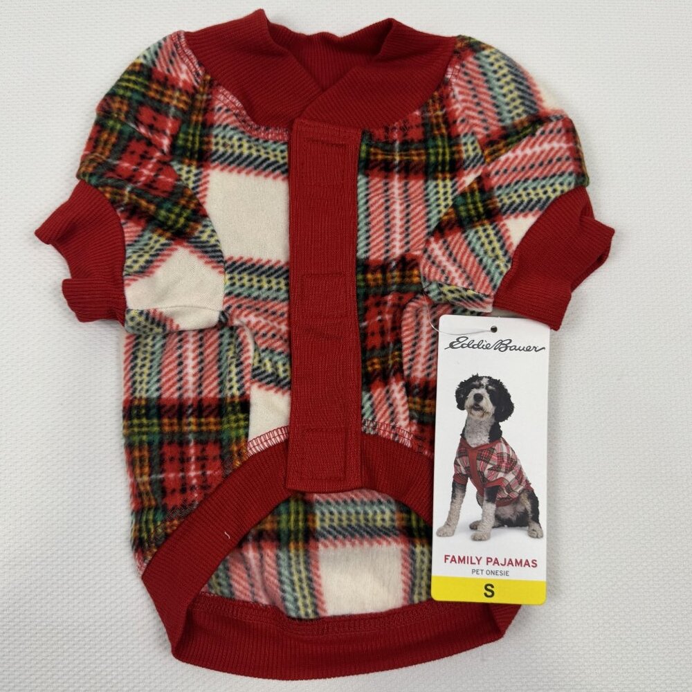 Eddie Bauer Red Plaid Pet Bodysuit Size Small Flannel Family Dog Pajamas NEW